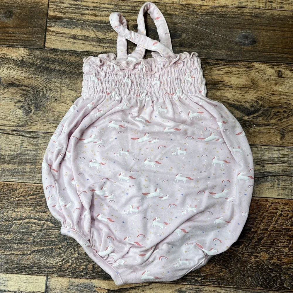 Angel Dear Bamboo Bubble Romper‎ Baby Girl 6-12m Unicorn Cross Back Smocked